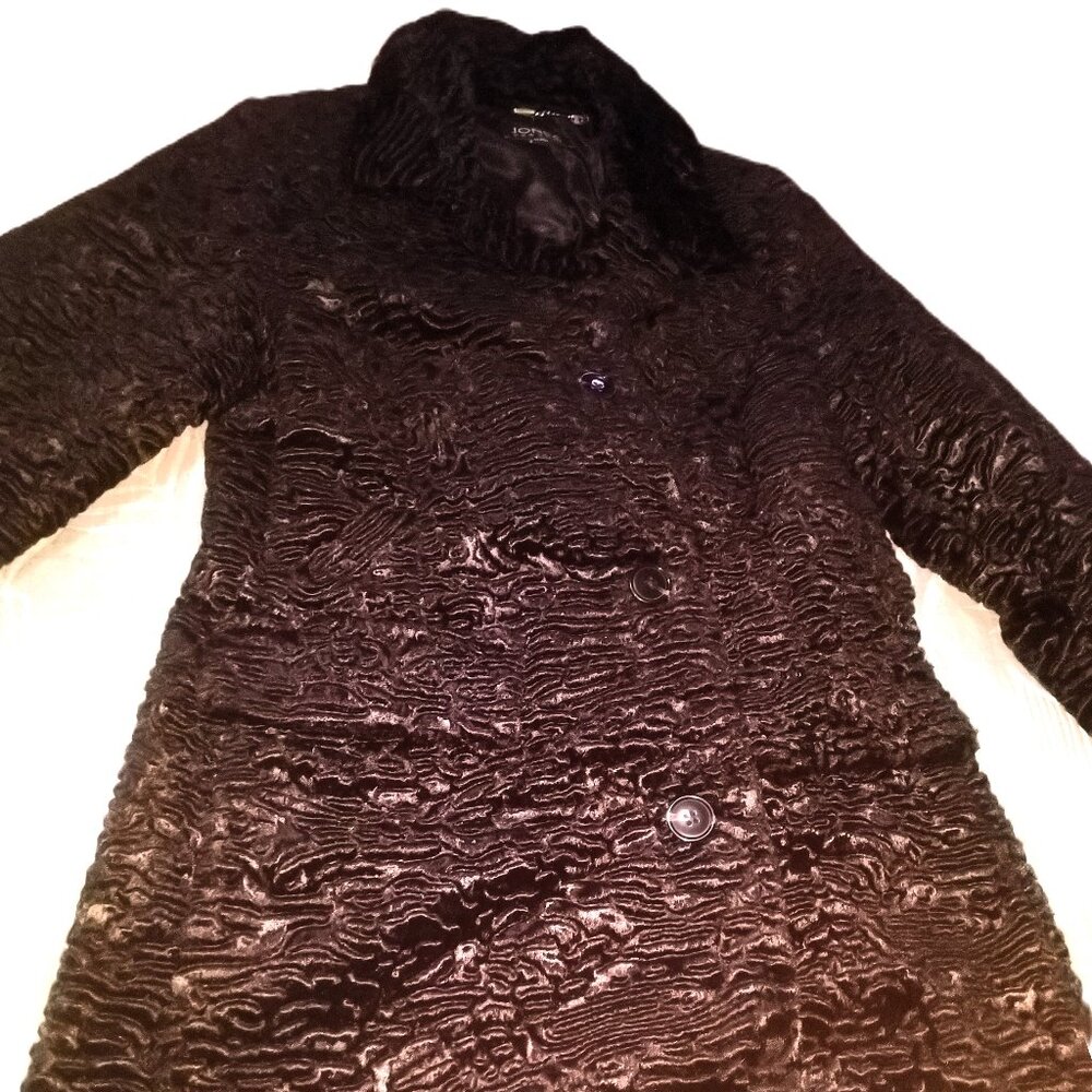 NEW JONES New York Black Faux Persian Lamb Fur Winter Coat Women Medium